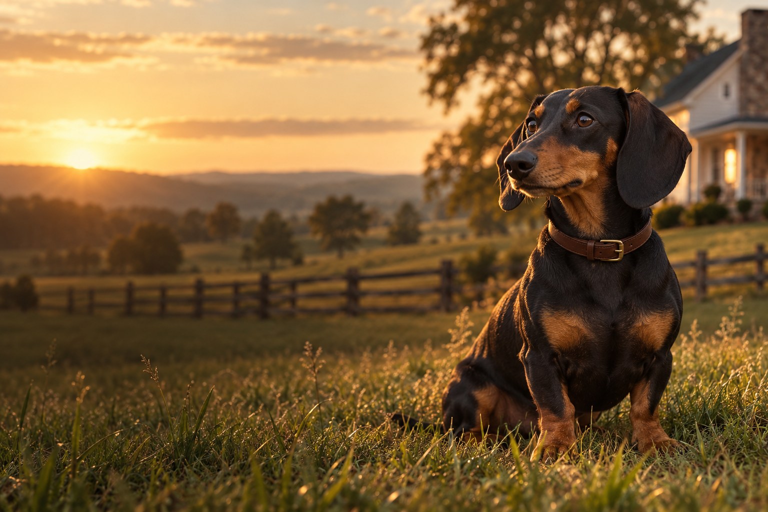 Illustrative black-and-tan dachshund in a golden countryside setting